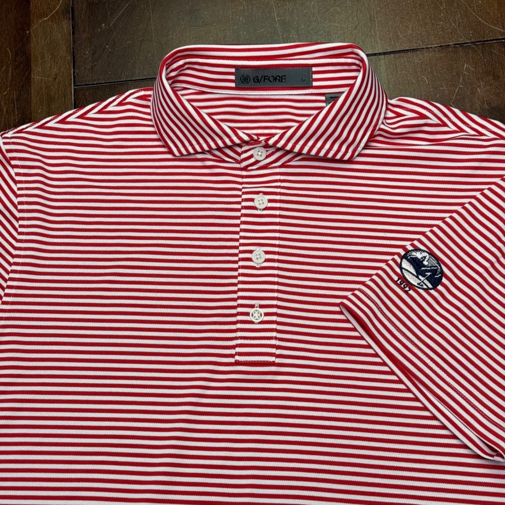 G/FORE Polo Shirt Wetherington Golf & CC Mens M Red White Striped Performance